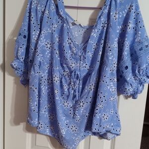 Cato Light Blue Eyelet Floral Blouse